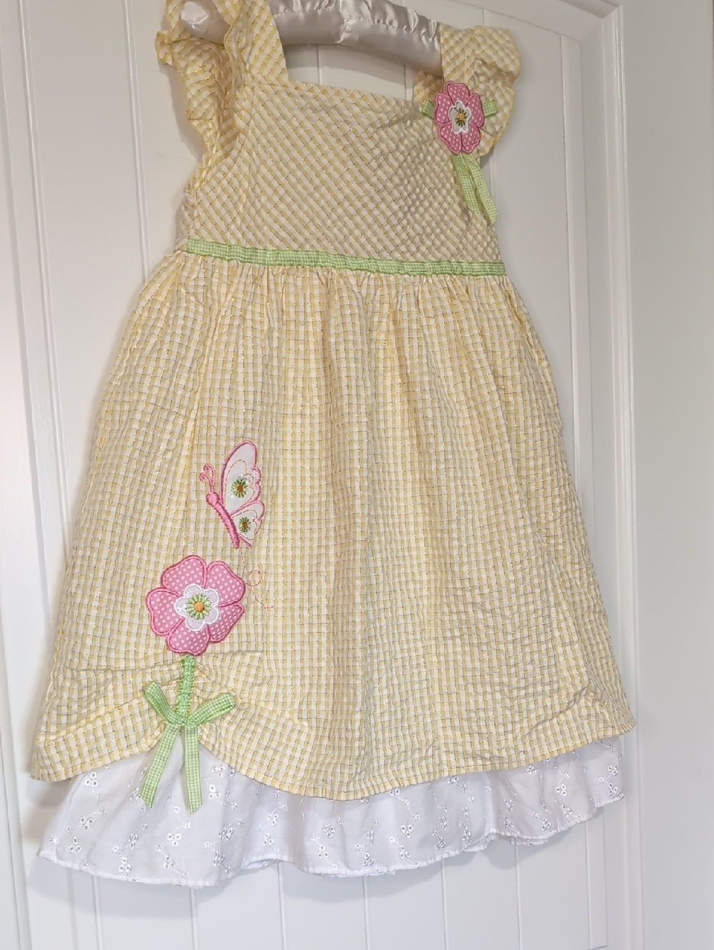 Youngland Yellow Gingham Seersucker Dress with Pink Floral Appliques Size 6 NWT